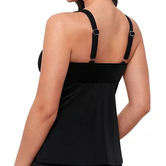 Swim Solutions Triple Pleat Tankini Ruffled Swim Top Black Womens Size 8 - Picture 2 of 8